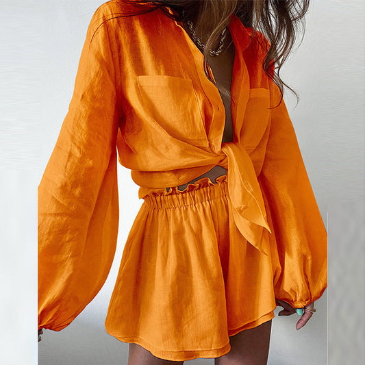 Ensemble deux pièces femme – Coton léger – Blouse nouée fluide & short taille élastique