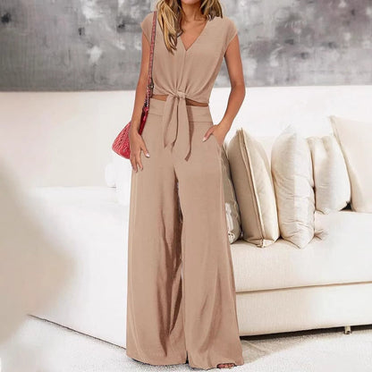 Ensemble Femme Deux Pièces – Haut Court Noué Col V – Pantalon Taille Haute Jambe Large