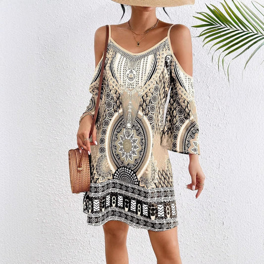 Robe midi femme – Coupe évasée – Épaules dénudées – Manches mi-longues