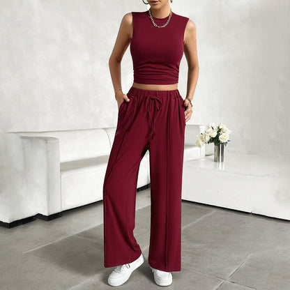 Ensemble Femme 2 Pièces – Crop Top Sans Manches – Pantalon Large Taille Haute