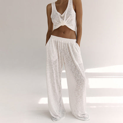 Ensemble femme détente – Haut sans manches noué – Pantalon large taille élastique