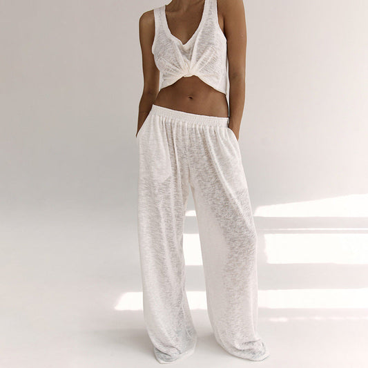 Ensemble femme détente – Haut sans manches noué – Pantalon large taille élastique