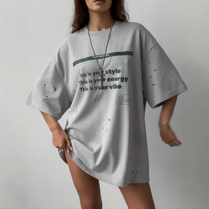 T-shirt femme oversize – Coton mélangé – Coupe large – Graphisme vintage usé
