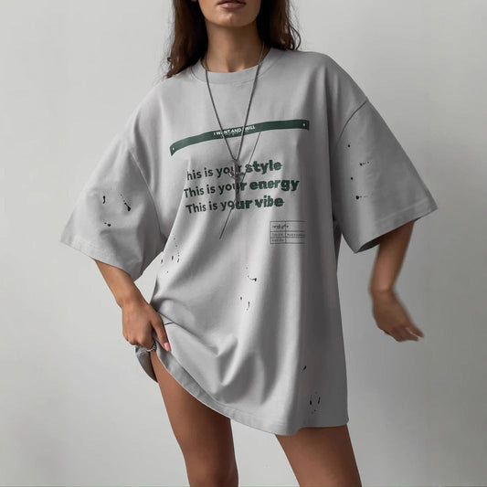 T-shirt femme oversize – Coton mélangé – Coupe large – Graphisme vintage usé