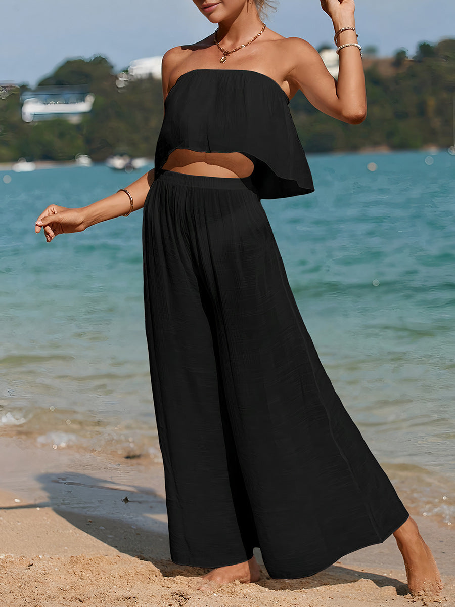 Ensemble Femme Deux Pièces – Haut Bandeau Évasé – Pantalon Large Taille Haute