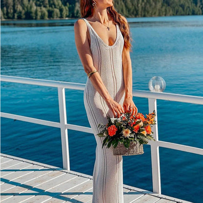 Robe femme en maille – Coupe moulante – Sans manches – Dos nu – Longueur cheville