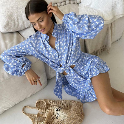 Ensemble Deux Pièces Femme – Coton Léger – Chemise Nouée – Short Taille Haute Volants
