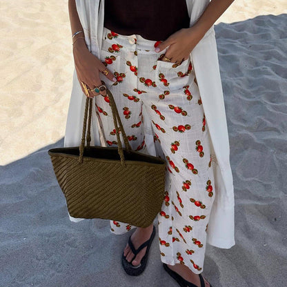 Pantalon femme coupe droite – Tissu respirant – Imprimé homards – Coupe décontractée