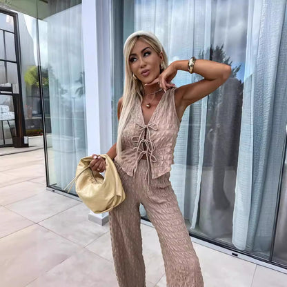 Ensemble Femme Débardeur et Pantalon – Tissu Froissé – Coupe Ample – Taille Élastique