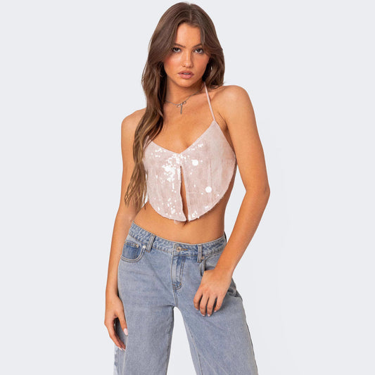 Top court femme – coupe ajustée – col halter – décolleté plongeant – sequins brillants