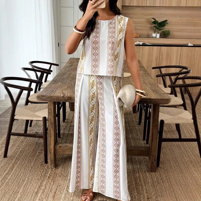 Ensemble Femme Débardeur et Pantalon Large – Taille Haute – Imprimé Géométrique – Coupe Décontractée
