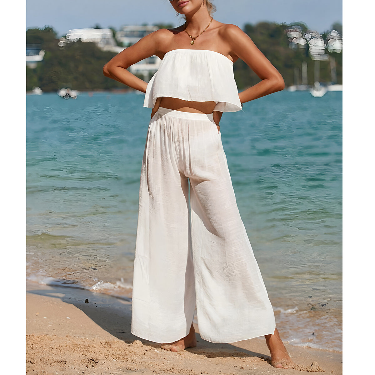 Ensemble Femme Deux Pièces – Haut Bandeau Évasé – Pantalon Large Taille Haute
