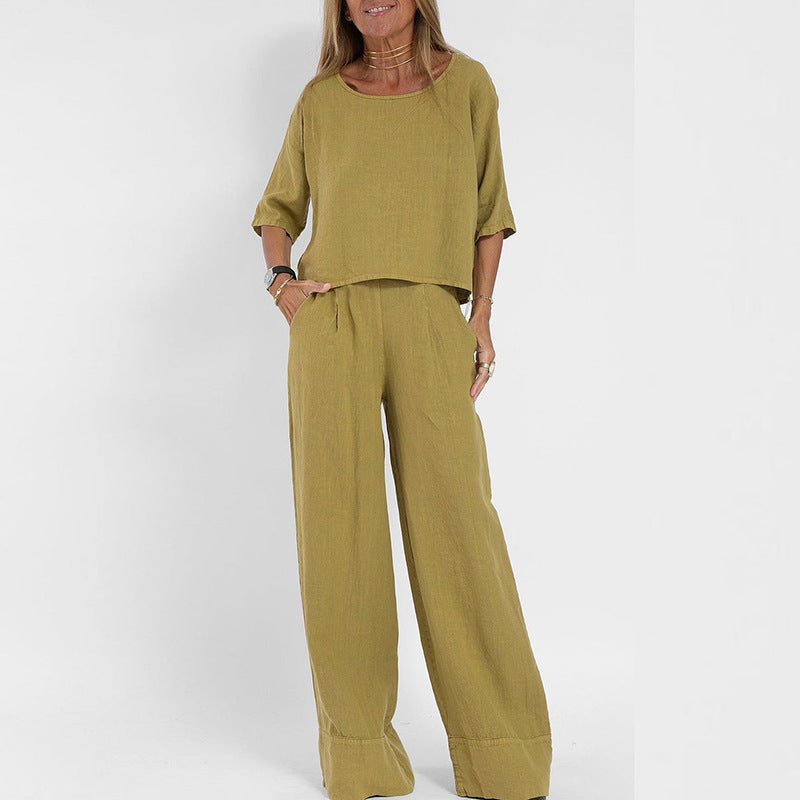 Ensemble Femme Deux Pièces – Lin Mélangé – Coupe Ample – T-shirt Manche Courte et Pantalon Large