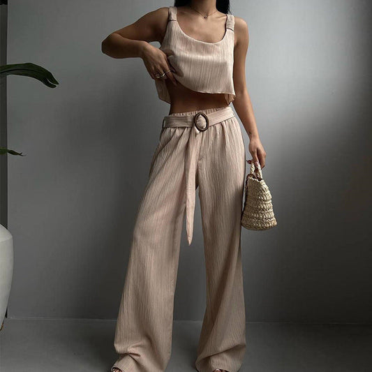 Ensemble Femme Deux Pièces – Haut Court Bretelles Larges – Pantalon Taille Haute Ample