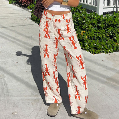 Pantalon femme coupe droite – Tissu respirant – Imprimé homards – Coupe décontractée