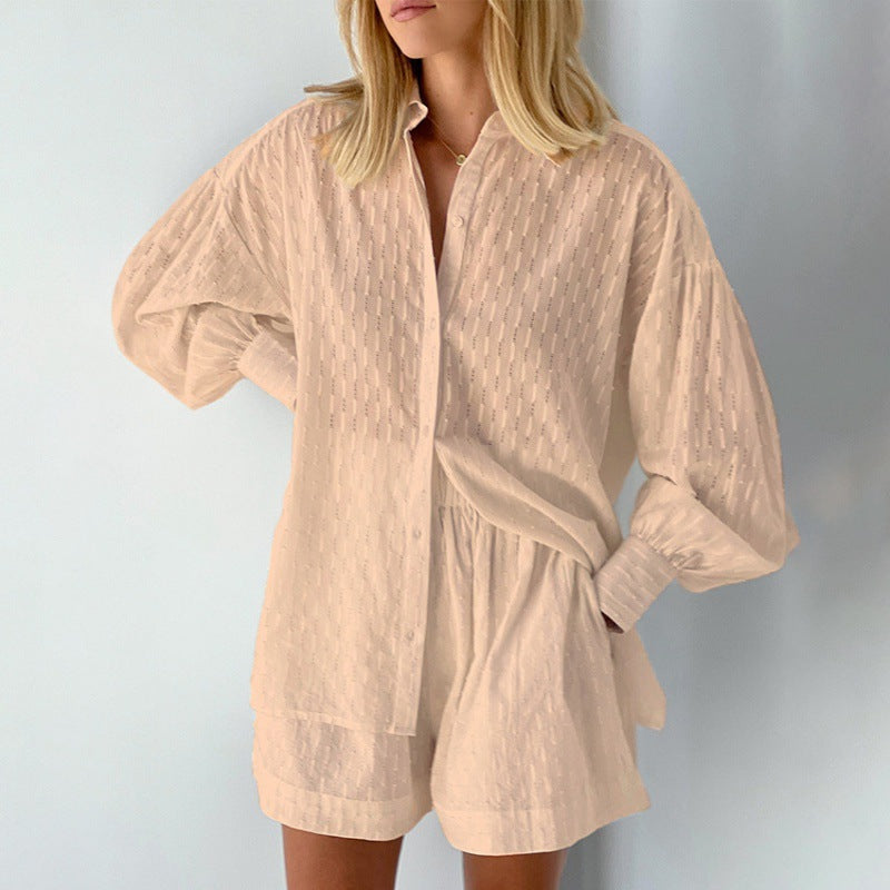 Ensemble Femme Blouse et Short – Jacquard Léger – Coupe Ample – Manches Bouffantes