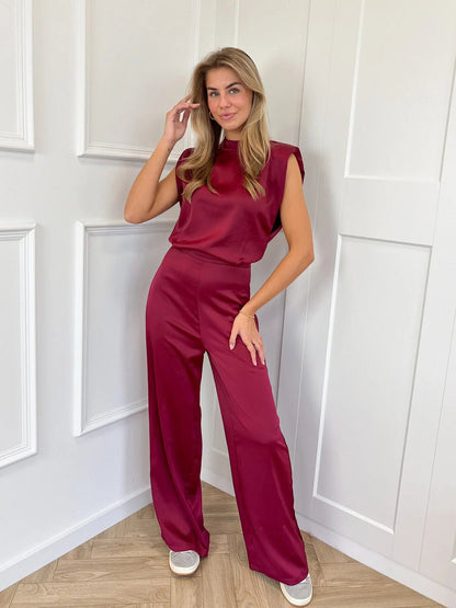 Combinaison Femme – Satin Fluide – Dos Nu – Jambe Large – Col Montant – Sans Manches