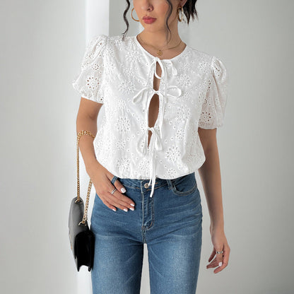 Blouse femme – Coupe décontractée – Dentelle ajourée – Manches bouffantes – Liens devant