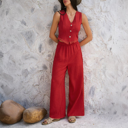Ensemble Femme Gilet et Pantalon Large – Coupe Ajustée – Détail Dentelle – Tissu Léger Respirant