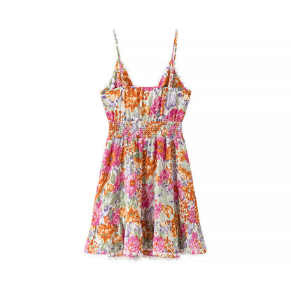 Robe femme mini – Coupe évasée – Bretelles fines – Nœud dos – Imprimé fleuri
