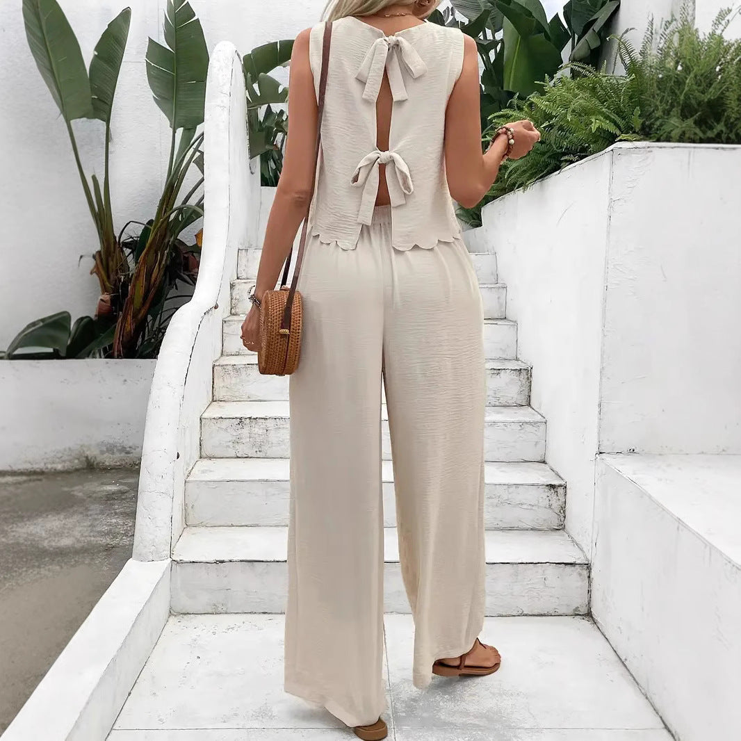Pantalon femme large – Tissu léger froissé – Coupe ample – Taille élastique