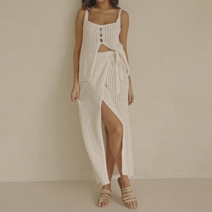 Ensemble Femme Deux Pièces – Top Court Maille Boutonné – Jupe Longue Fendue Fluide