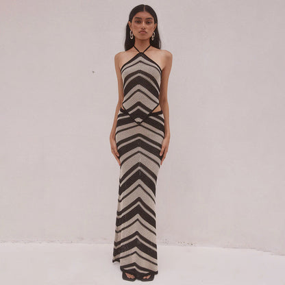 Ensemble de robes de corps pour femmes – Maille douce – Col halter – Découpes – Rayures géométriques – Midi