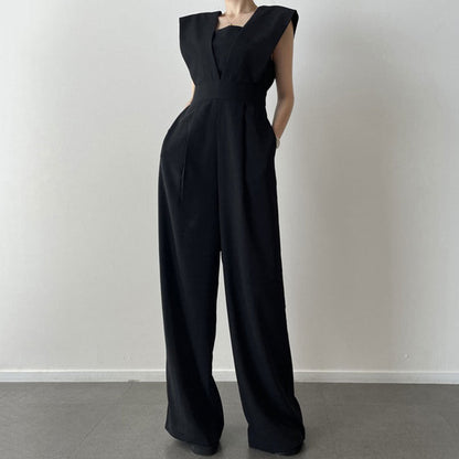 Combinaison pantalon femme – Sans manches – Taille haute – Jambes larges – Décolleté carré