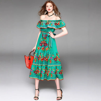 Robe maxi femme – épaules dénudées – imprimé fleuri – jupe à volants fluide