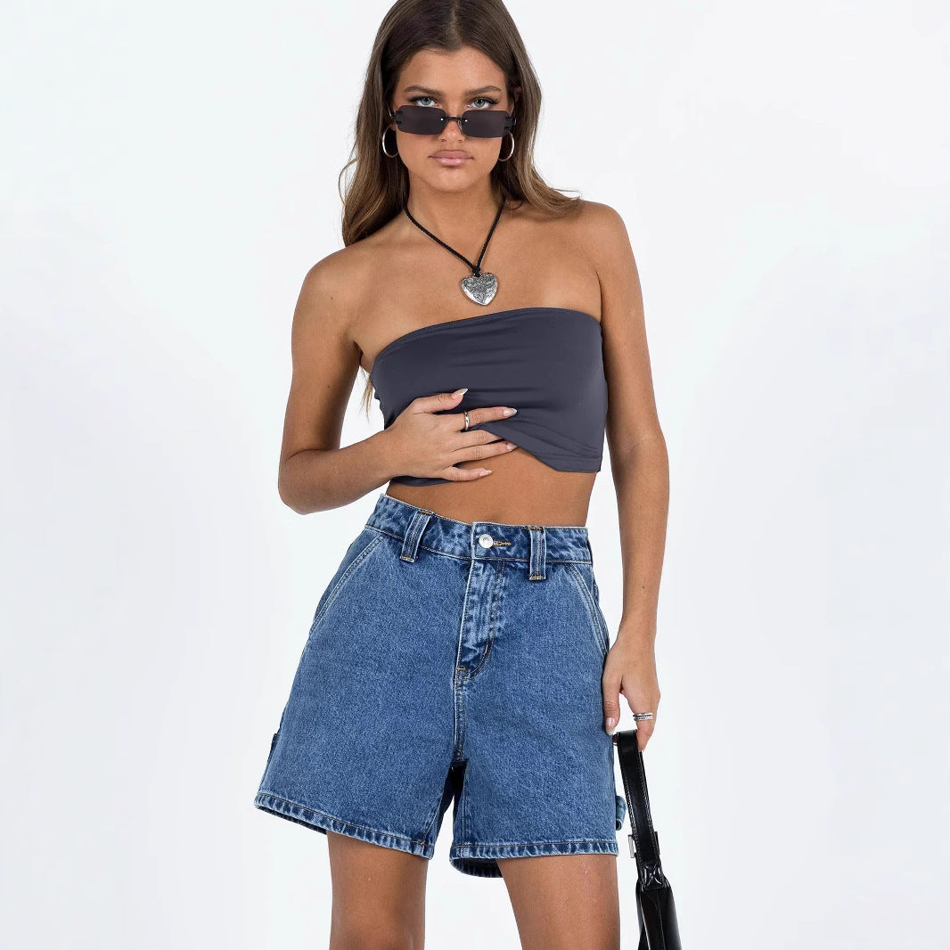Short en jean femme – Coupe décontractée – Taille mi-haute – 5 poches – Longueur mi-cuisse