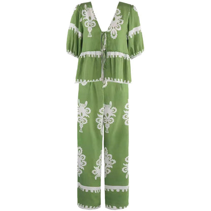 Ensemble Femme Deux Pièces – Haut Nœud Détendu – Pantalon Large