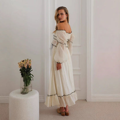 Ensemble Femme Deux Pièces – Top Épaules Dénudées Volants – Jupe Midi Fluide – Style Bohème