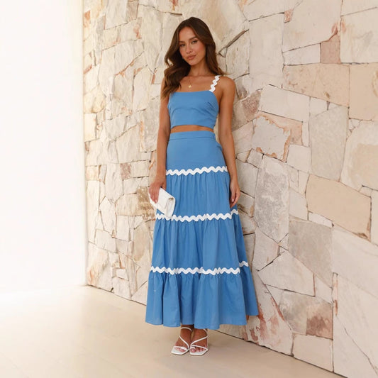 Ensemble Femme Deux Pièces – Top Court Asymétrique – Jupe Maxi Volantée Fluide