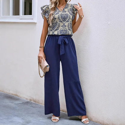 Ensemble Femme – Haut Floral Col V Manches Volants – Pantalon Large Ceinturé