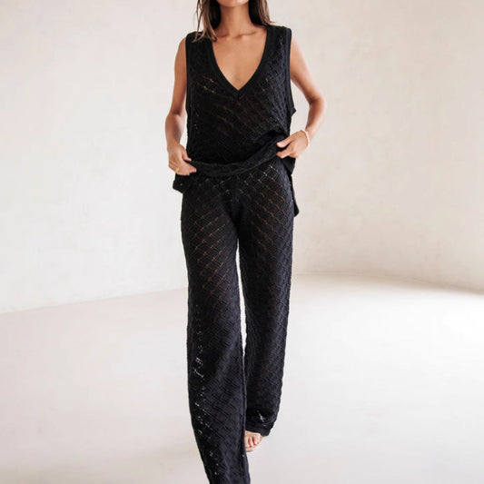 Ensemble Femme Top Sans Manches et Pantalon – Maille Motif Losanges – Coupe Décontractée