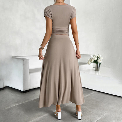 Ensemble Femme Deux Pièces – Crop Top Ajusté Froncé – Jupe Longue Fluide