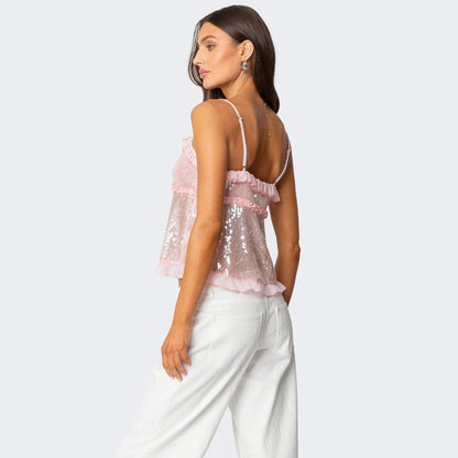 Top court femme – dos nu – coupe ajustée – sequins – volants – lien devant