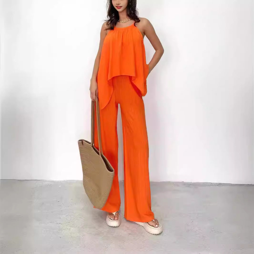 Ensemble Femme Haut Dos Nu Asymétrique – Pantalon Large – Tissu Léger Respirant