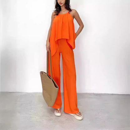 Ensemble Femme Haut Dos Nu Asymétrique – Pantalon Large – Tissu Léger Respirant