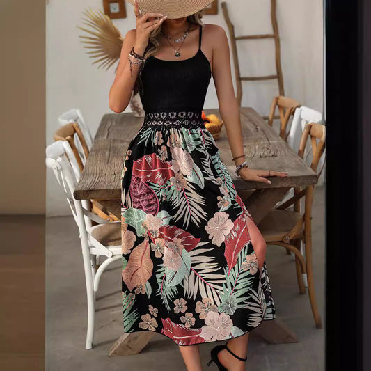 Robe d’été femme – Coupe fluide – Bretelles fines – Imprimé tropical