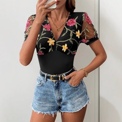 Body femme – Coupe ajustée – Manches courtes en tulle – Décolleté en V brodé