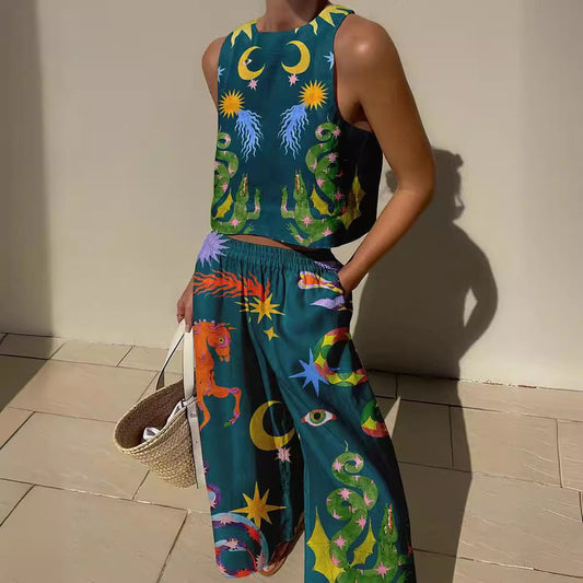Top court sans manches femme – Coton léger – Coupe décontractée – Motifs artistiques