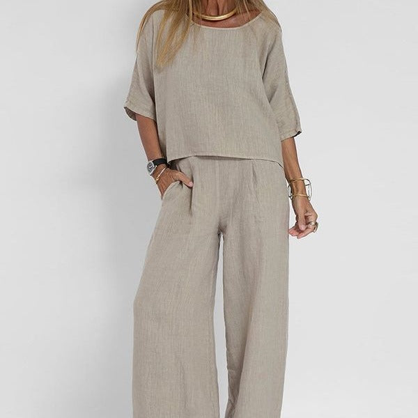 Ensemble Femme Deux Pièces – Lin Mélangé – Coupe Ample – T-shirt Manche Courte et Pantalon Large