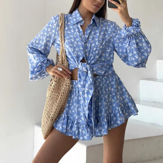 Ensemble Deux Pièces Femme – Coton Léger – Chemise Nouée – Short Taille Haute Volants