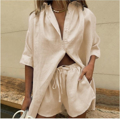 Ensemble Chemise et Short Femme – Coupe Ample – Lin Mélangé – Décontracté Respirant