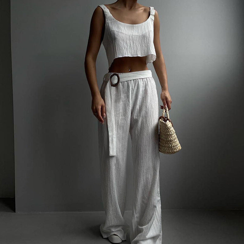 Ensemble Femme Deux Pièces – Haut Court Bretelles Larges – Pantalon Taille Haute Ample