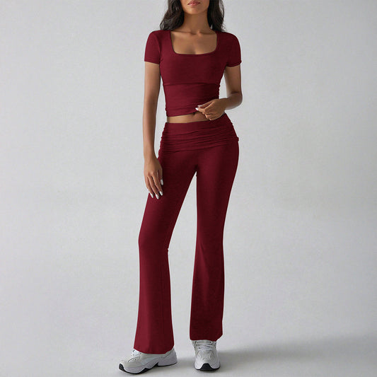 Ensemble femme deux pièces – Crop top ajusté col carré – Pantalon évasé stretch