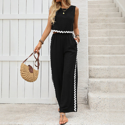 Ensemble Femme – Haut Court Sans Manches et Pantalon Long – Coupe Ample – Détails Contrastés