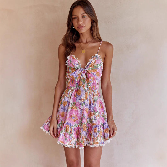 Robe femme mini – Coupe évasée – Bretelles fines – Nœud dos – Imprimé fleuri