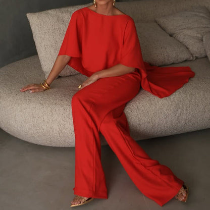 Ensemble Femme Deux Pièces – Haut Asymétrique Fluide – Pantalon Large Élégant